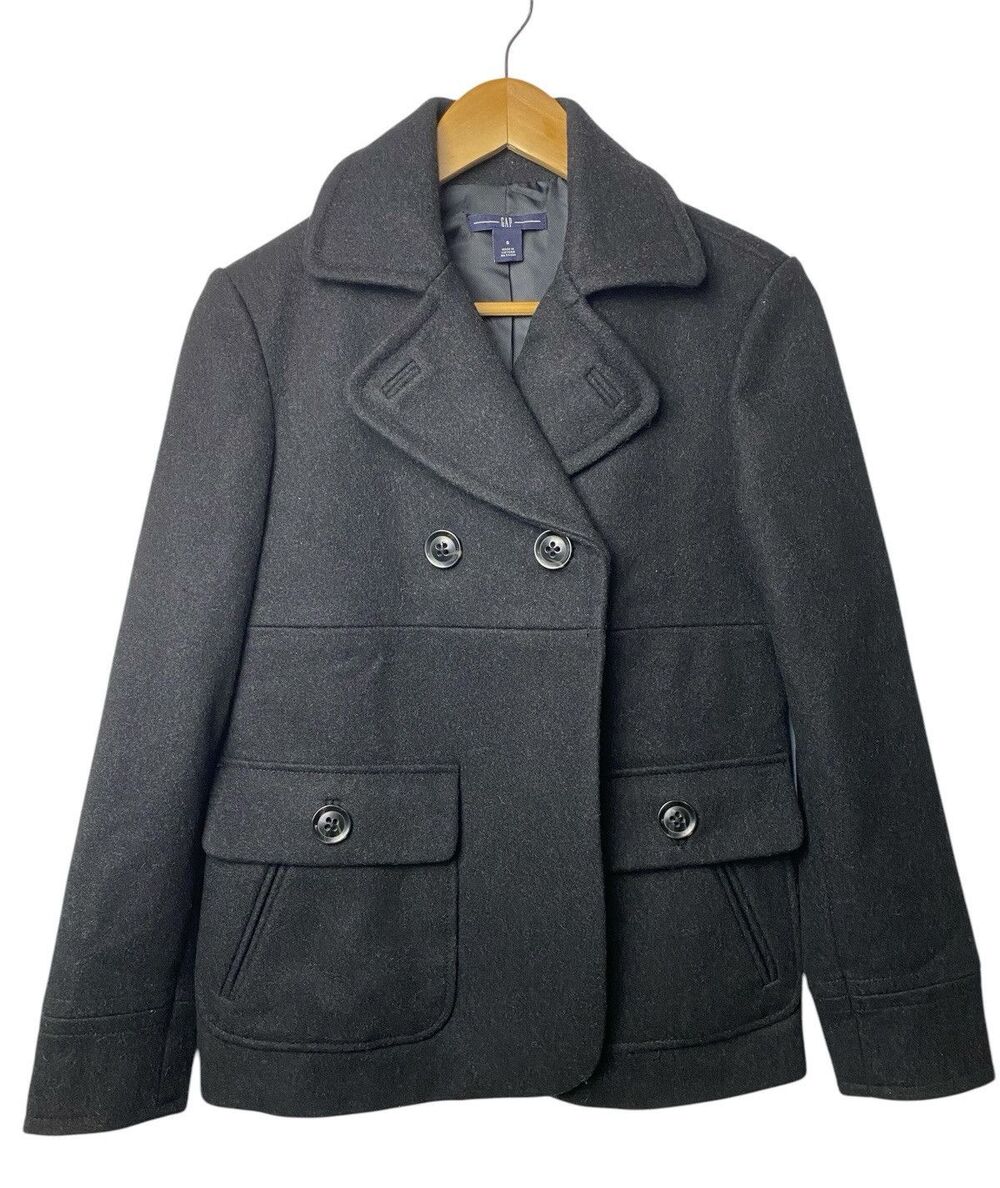 Gap Wool Blend Peacoat Womens S Black Double Breasted Jacket Classic Coat Preppy